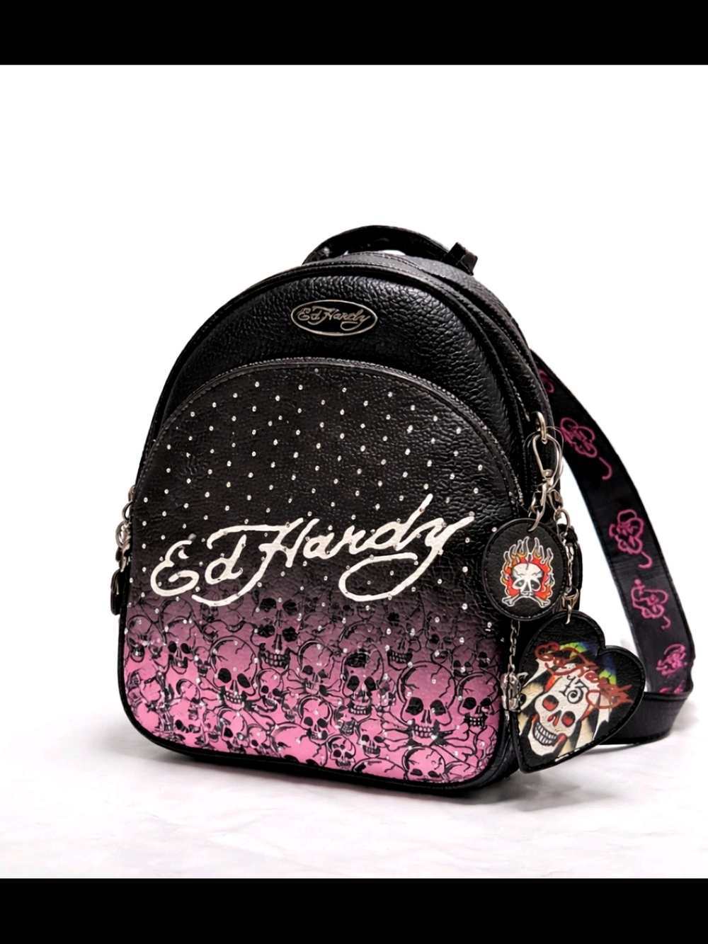 Ed Hardy Black and Pink Skull Mini Backpack with Stud Detailing - Picture 2 of 8